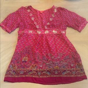 Monsoon Semi Sheer Pink Magenta Floral Print Blouse Back Tie Women’s Size 8